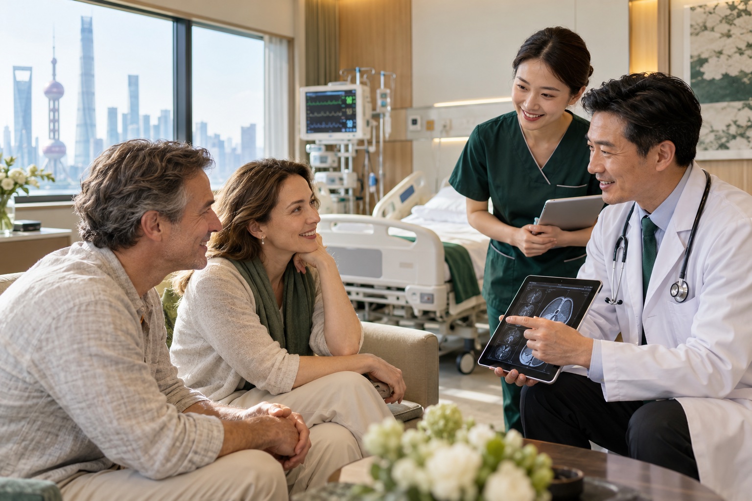 A smiling doctor and nurse speaking with an international patient and companion in a modern hospital room